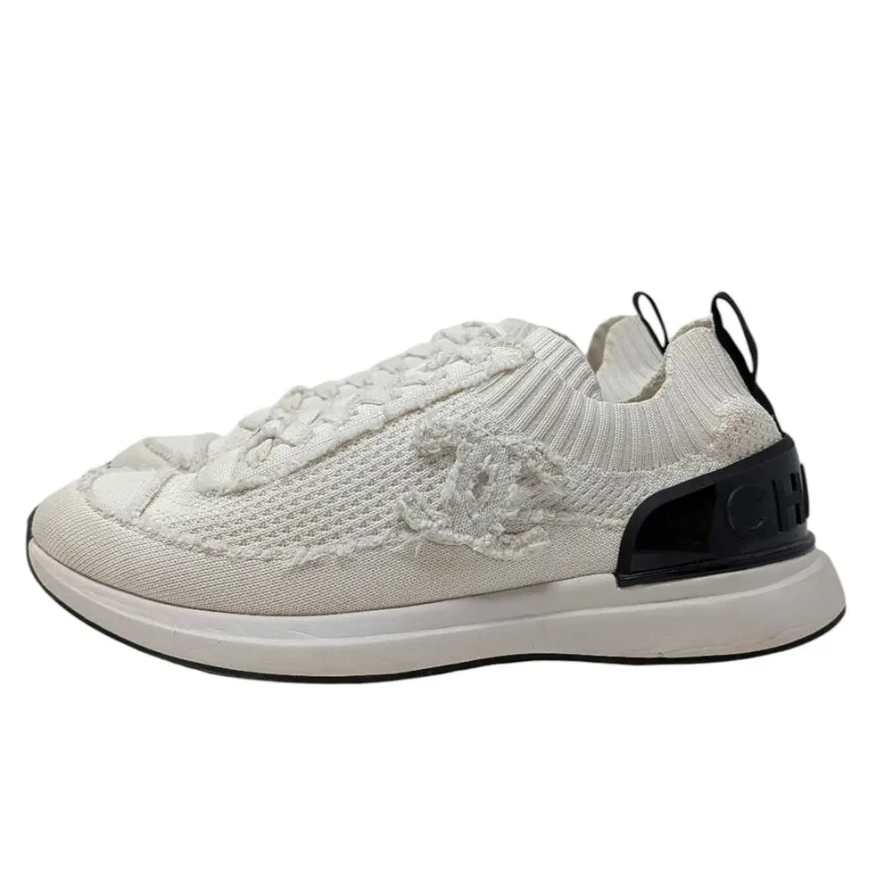 Chanel 2021 CC Logo Knit Sneakers Slip On White Black Athletic 39.5 | 9 | 8.5